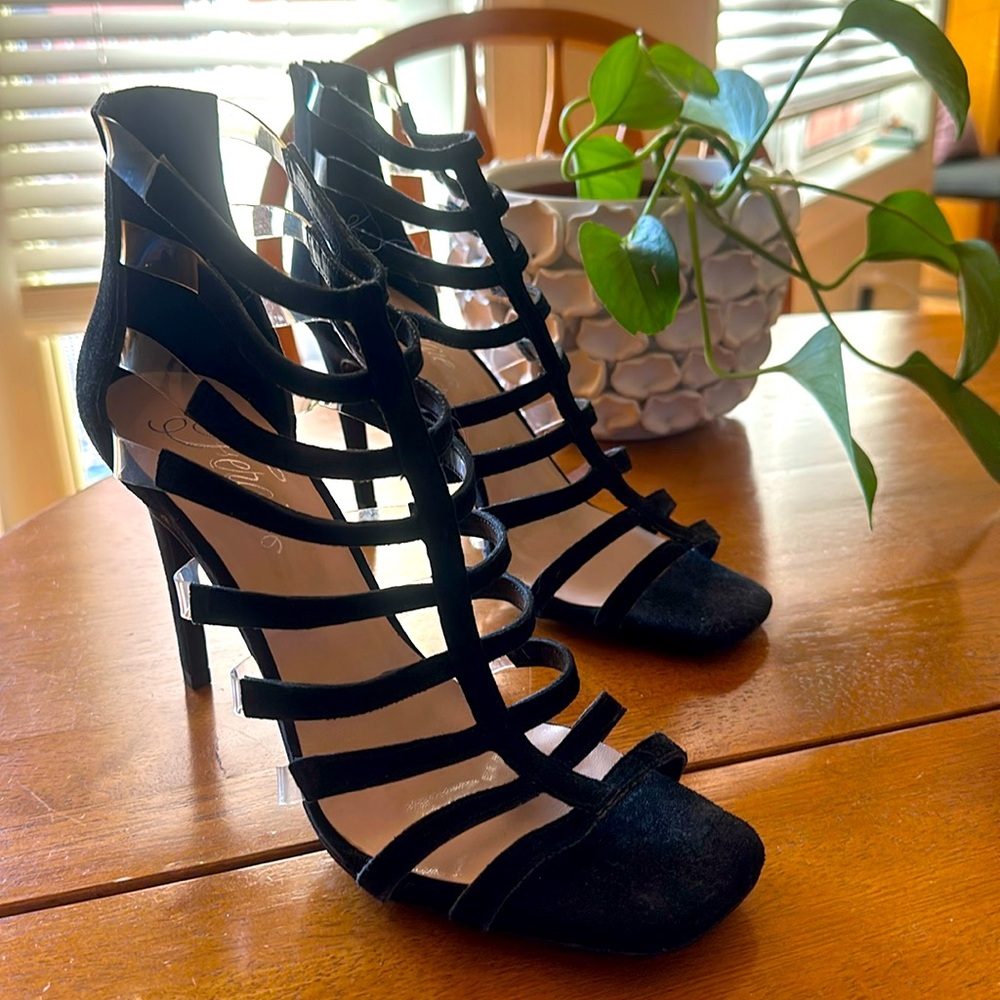 Black Suede Fergie strappy open toe stiletto